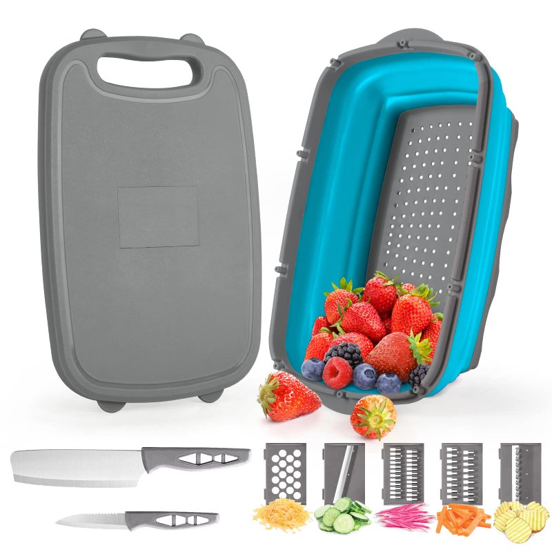 Gintan Camping Cutting Board  9-in-1 Collapsible Chopping Board with Colander  Gifts for Campers Happy Camper Camping Accessories for RV Campers(Blue+Grey) - Image 1